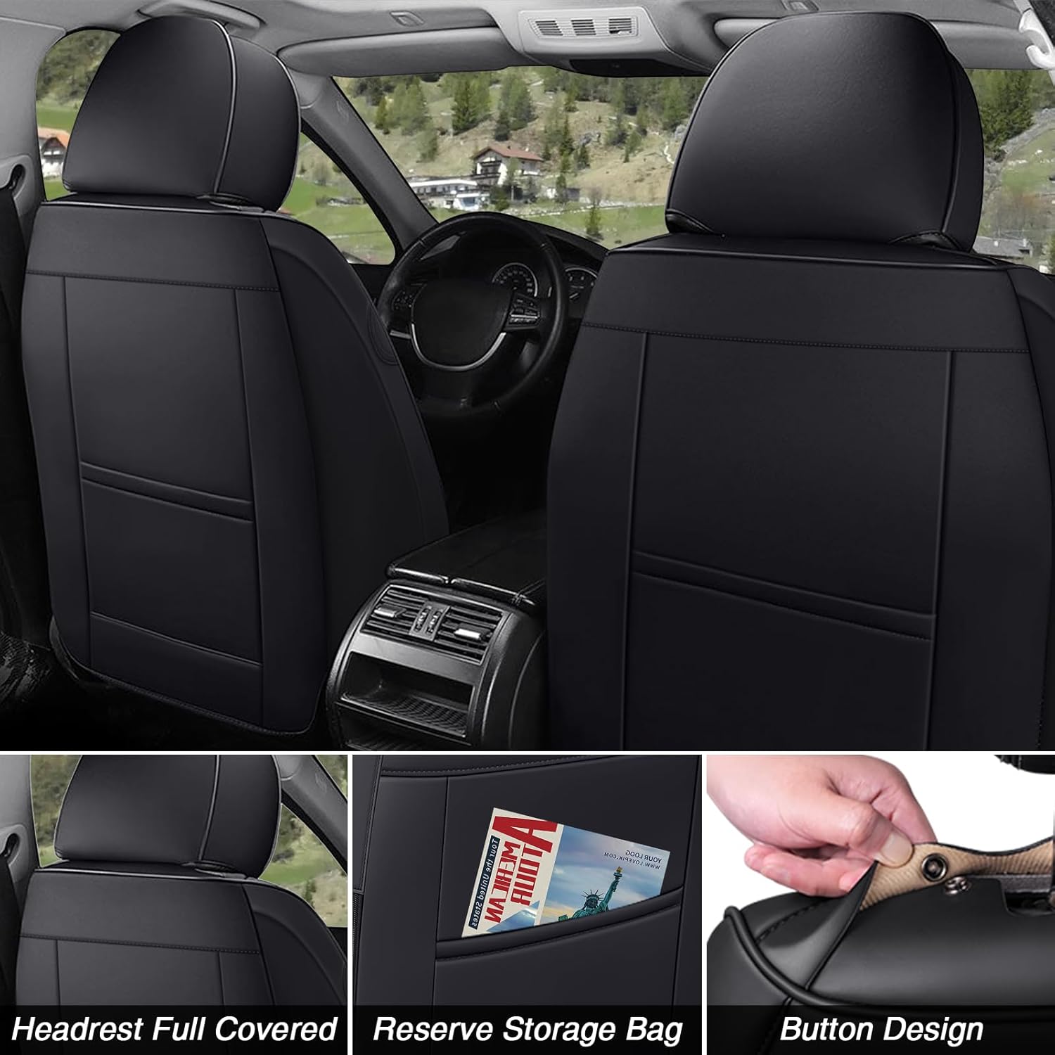 Leather Seat Covers Full Set,5 Seats Universal Car Seat Protectors,Easy to Install Cover Set,Waterproof Car Seat Covers Car Seat Cushions Fit for Most Cars SUVs and Trucks(5 Seats,Black)