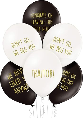 Globos divertidos de Office Leaver Going Away, paquete de 12 globos blancos y negros de primera calidad, perfectos para un colega o compañero de