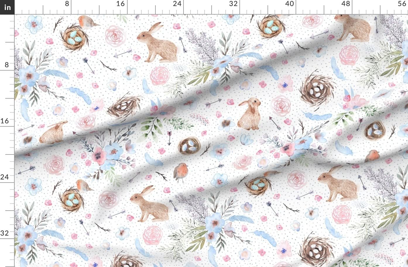 Spoonflower Fabric - Pastel Woodland Watercolor Bunny Rabbit Easter Robins Egg Whimsical Printed on Organic Cotton Sateen Fabric by The Yard - Sewing Quilting Apparel Home Decor