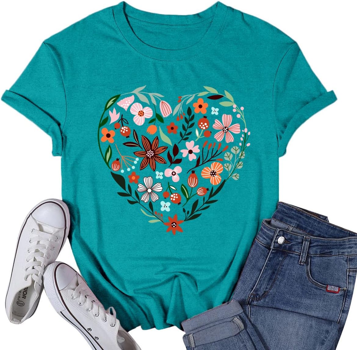 Womens Flower Shirts Floral Lover Heart T-Shirt Colorful Wildflower Tee Tops