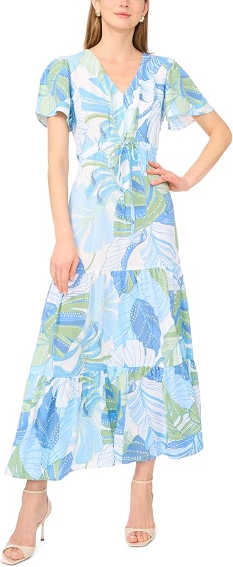 Women's Tie Waist Cap Sleeve Tiered Maxi Dress