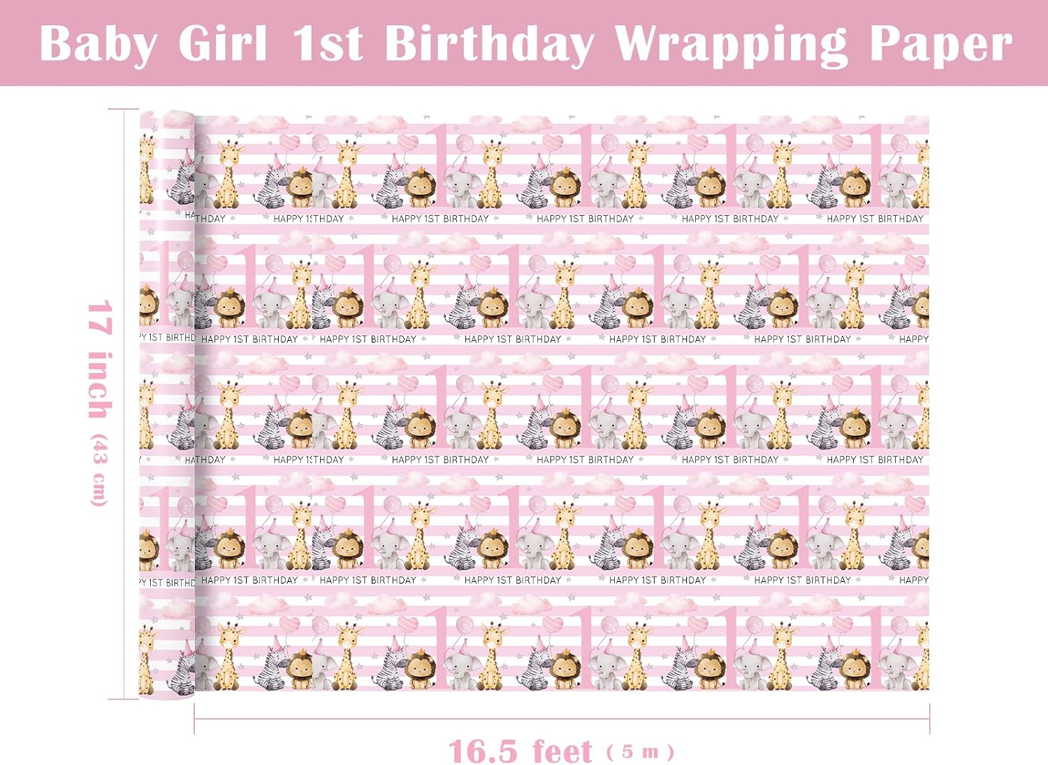 WRAPAHOLIC Baby Girl 1st Birthday Wrapping Paper - Mini Roll - 17 Inch x 16.5 Feet - Baby Pink Adorable Jungle Animal Wrapping Paper Perfect for Kids Girls Birthday