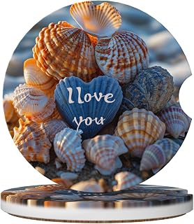 I Love You Bunch of Colorful Exotic Seashells Car Coasters for Cup Holders,2pcs Beach Ocean Anti-Slip Ceramic Car Coasters with Finger Notch Car Accessories