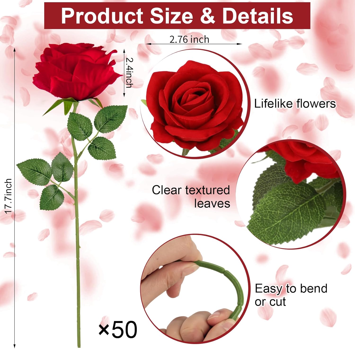 Ouddy Decor 50 Pcs Fake Red Roses Artificial Flowers Bulk Real Touch Velvet Silk Flowers with Long Stems for Wedding Bridal Bouquet DIY Table Centerpiece Arrangement Valentines Gifts Home Decor, Red - Image 2