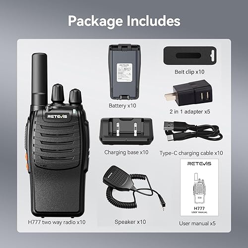 Miniatura 10 de Retevis H-777 Walkie Talkies con micrófono, radios de 2 vías de largo alcance, recargable por USB, sin licencia, audio de cristal, para sitio de