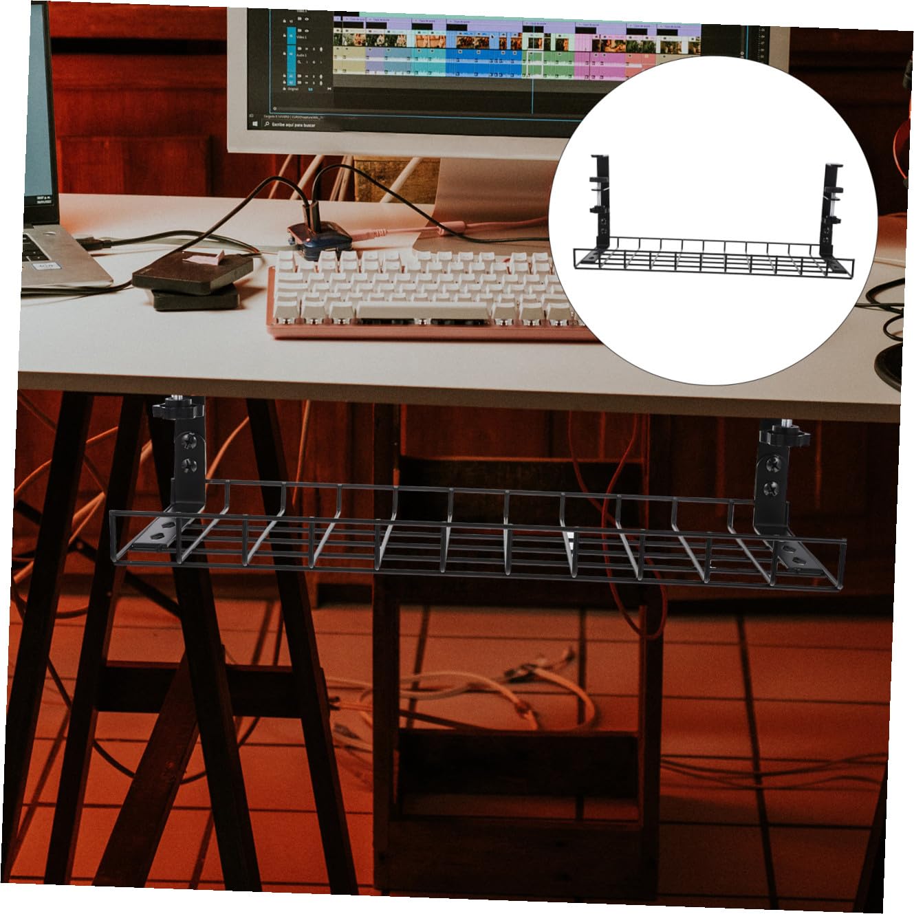 Bandeja Organizadora de Cables de Acero Debajo del Escritorio sin Taladros Ajustable y Tamaño Compacto Práctica y Reutilizable para Oficina y Hogar