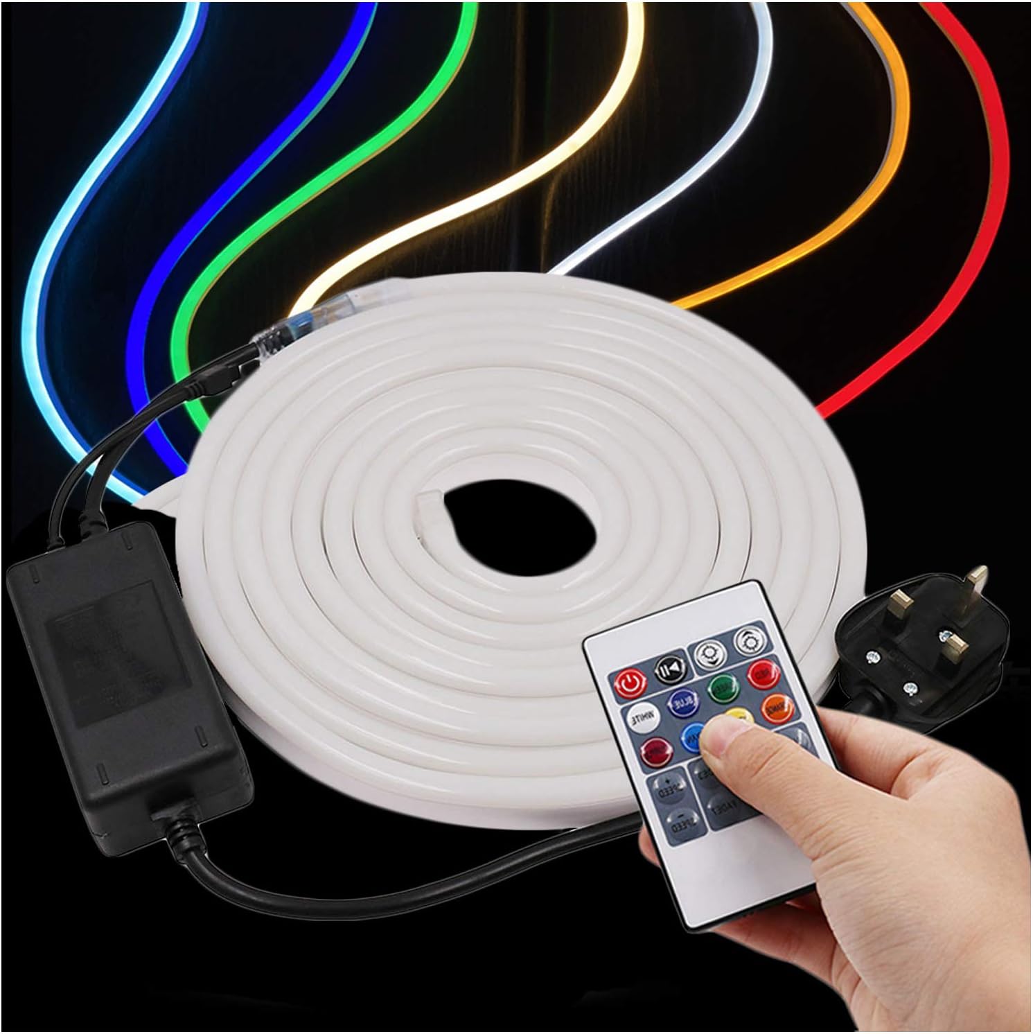 2m RGB Flexible NEON Light with Remote, 220V SMD 5050 60 LED Strip Light Kit (IP65 Waterproof) with UK Plug Power Supply Controller- Home Garden Bar Decoration