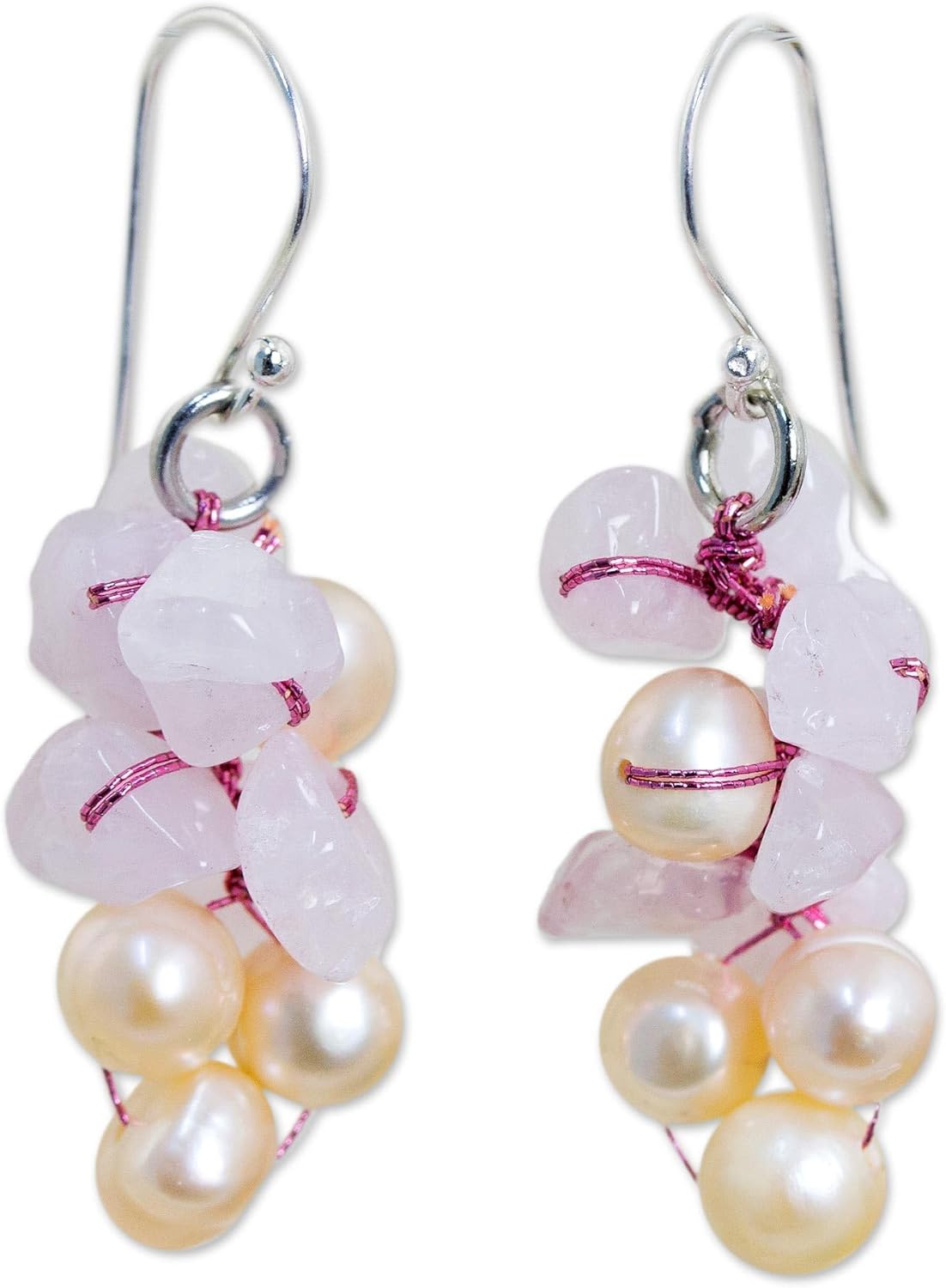 NOVICA Artisan Handmade Cultured Freshwater Pearl Rose Quartz Cluster Earrings .925 Sterling Silver Pink White Dangle Beaded Thailand Birthstone 'Pink Bouquet'