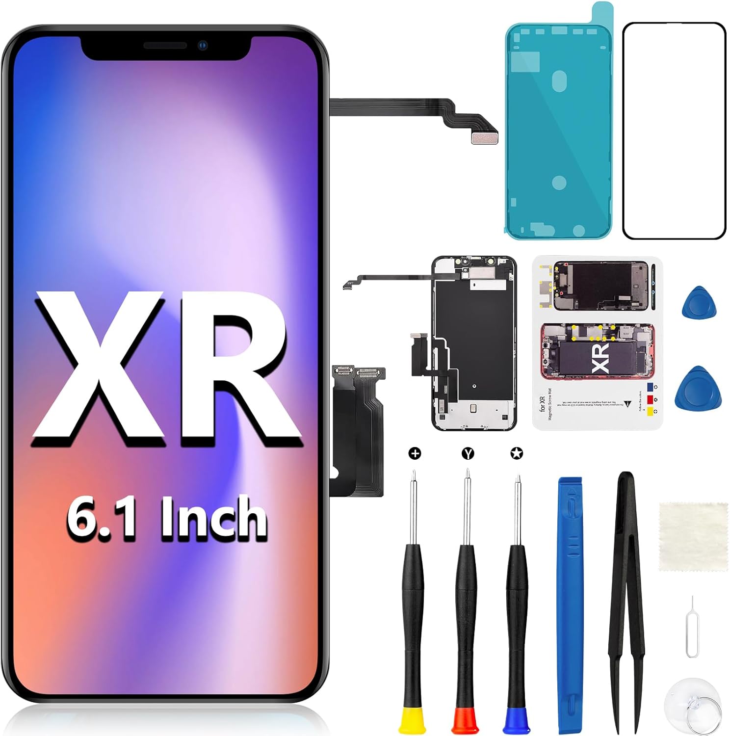 for iPhone XR Screen Replacement with Front Earpiece Speaker Proximity Sensor 3D Touch LCD Display Digitizer with Repair Kit for Model A1984 A2105 A2106 A2108 6.1 Inch
