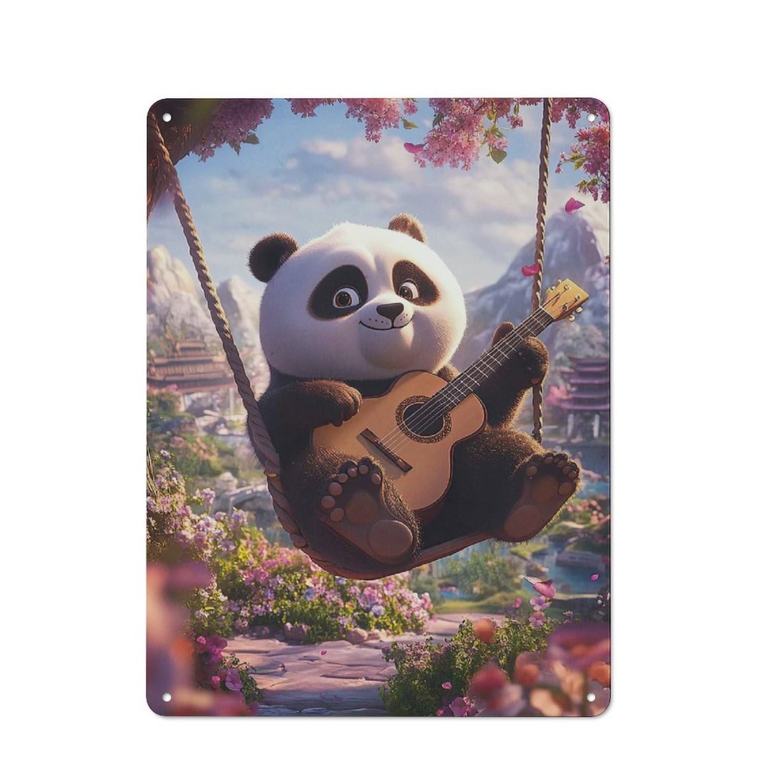 Junmoney Panda Playing Guitar 40X30cm Rustic Metal Plaque With For Café Or Restaurant, For Themed Interiors In Cafés And Restaurants