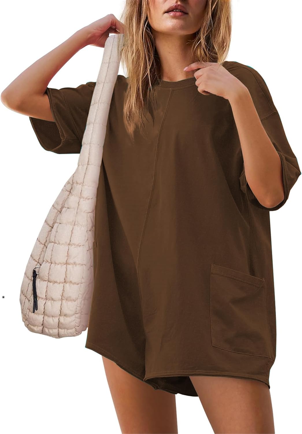 AELSON Rompers For Women Oversized Hot Shot Tee Romper Casual Backless V Neck Workout Jumpsuits with Pockets Coffee Small