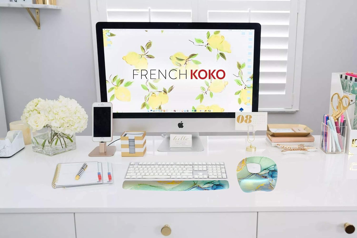 French KOKO Mouse Pad with Wrist Support and Keyboard Wrist Support, Non Slip Memory Foam Comfortable Cute Mousepad Gel Desktop Laptop Mac School Home Office Desk