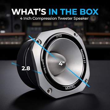 Beyma 8 Ohm Compression Tweeter Speaker, 4 Inch, 107dB Sensitivity, 1.5 Voice Coil, Aluminum Diaphragm, High Output Tweeters Speakers Car Audio, Long Throw Narrow Dispersion, 25W AES Power