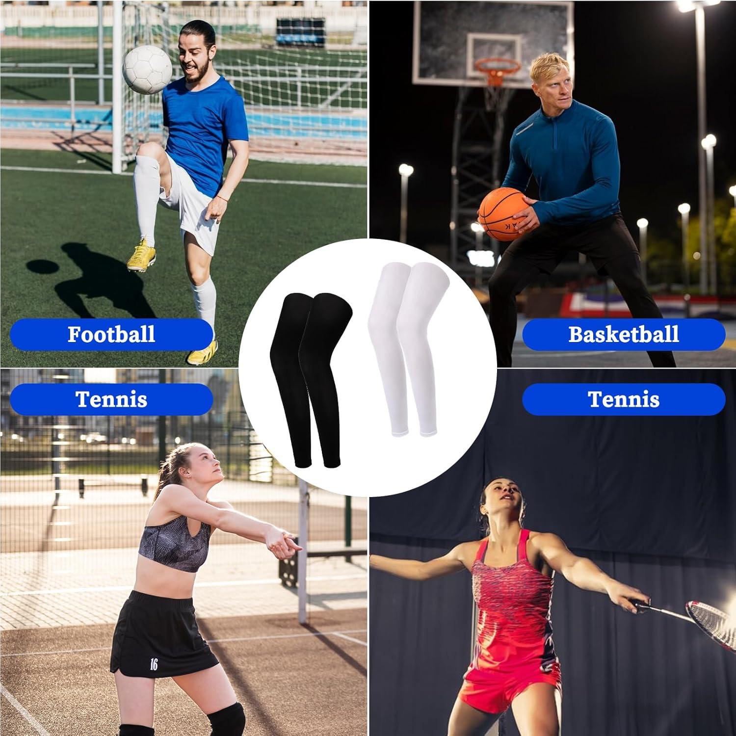 2 PCS Full Leg Compression Sleeve, Leg Sleeves Compression Long Knee Sleeve, Compression Leg Sleeves Basketball, Leg Compression Sleeves for Men Women Running, Cycling, Football(White Black) - Image 3