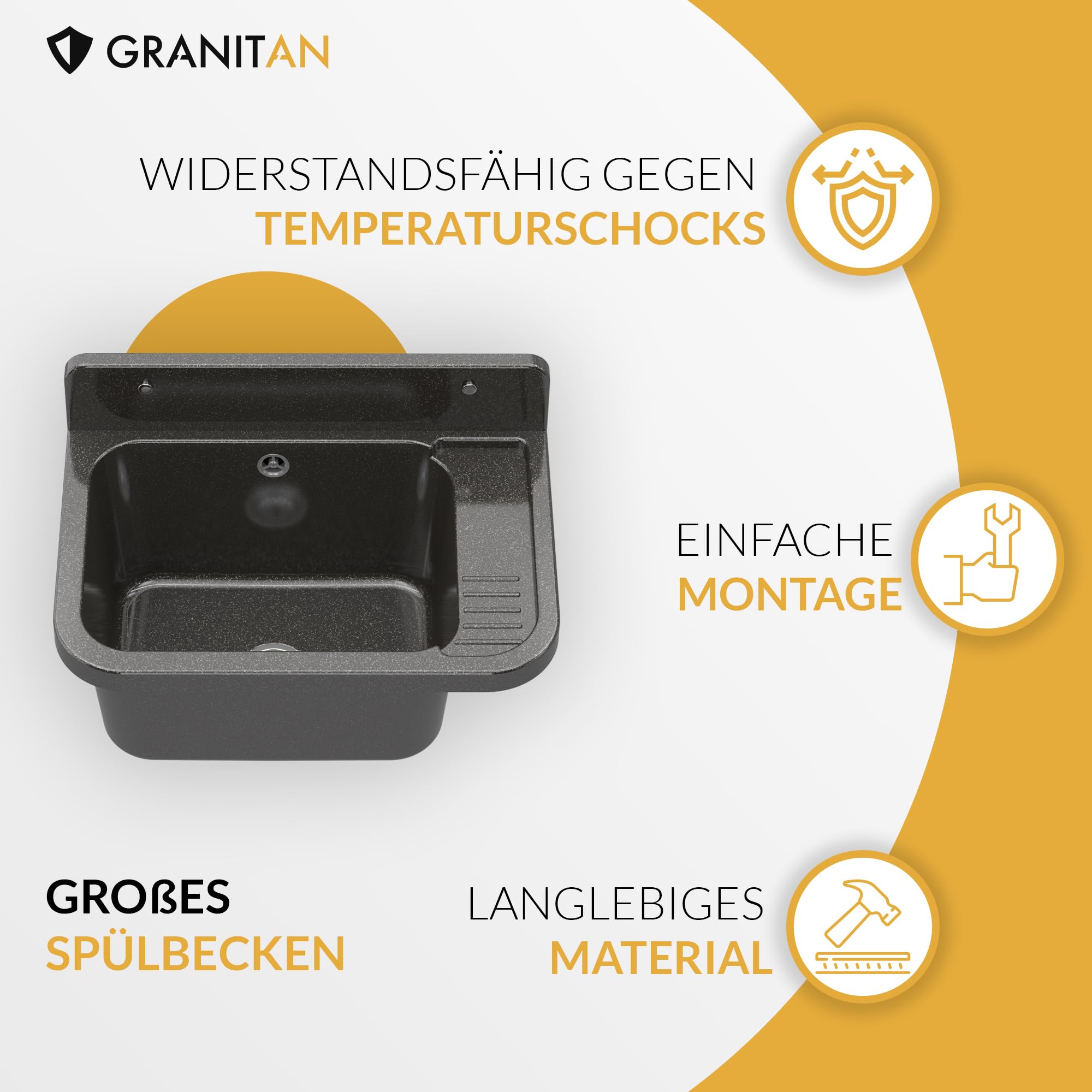 Lavabo Universel avec Siphon et Robinet de Lavabo Flex - 50x34x31 cm - Évier Exterieur pour Garage et Cave - Montage Mural - Noir - Granitan
