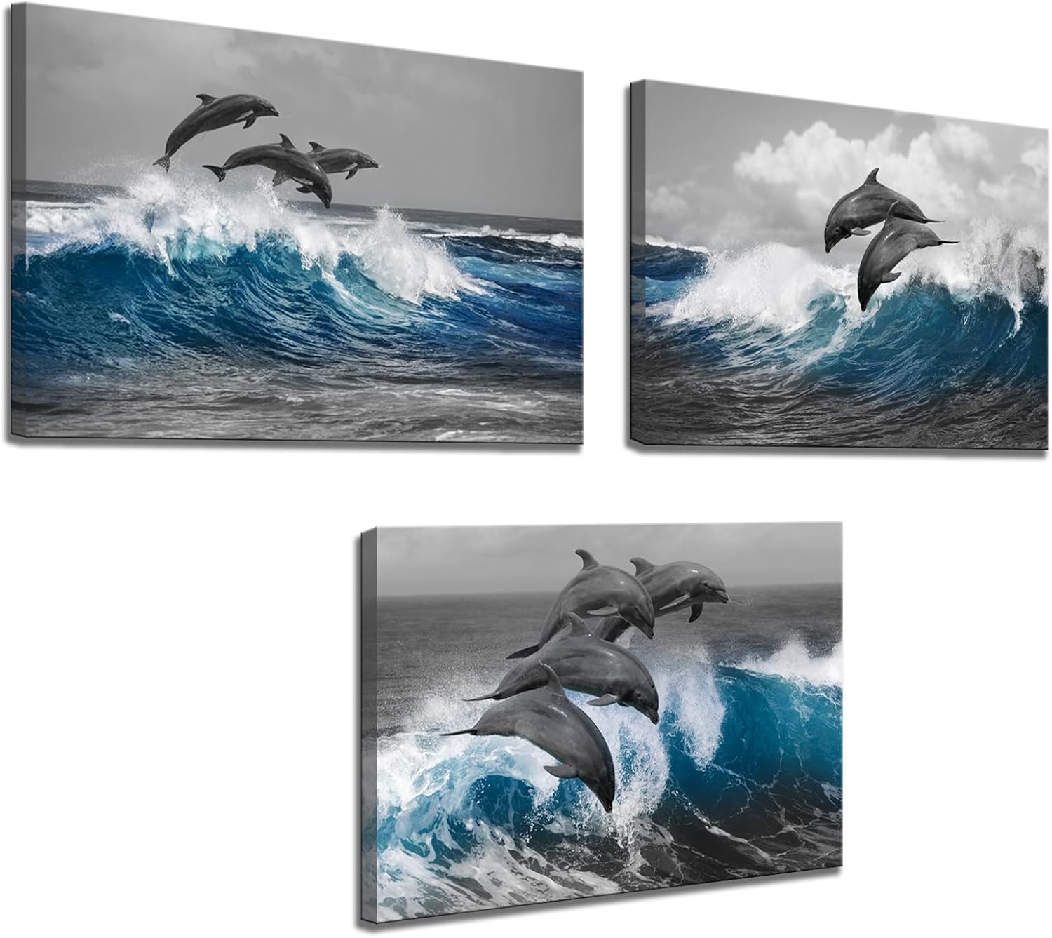 Biuteawal 3 Piece Dolphin Wall Art Grey Blue Ocean Sea Animal Picture Bathroom Decor Marine Painting Prints on Canvas Framed Home Child Bedroom Bathroom Wall Decoration Ready to Hang