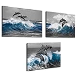 Biuteawal 3 Piece Dolphin Wall Art Grey Blue Ocean Sea Animal Picture Bathroom Decor Marine Painting Prints on Canvas Framed Home Child Bedroom Bathroom Wall Decoration Ready to Hang