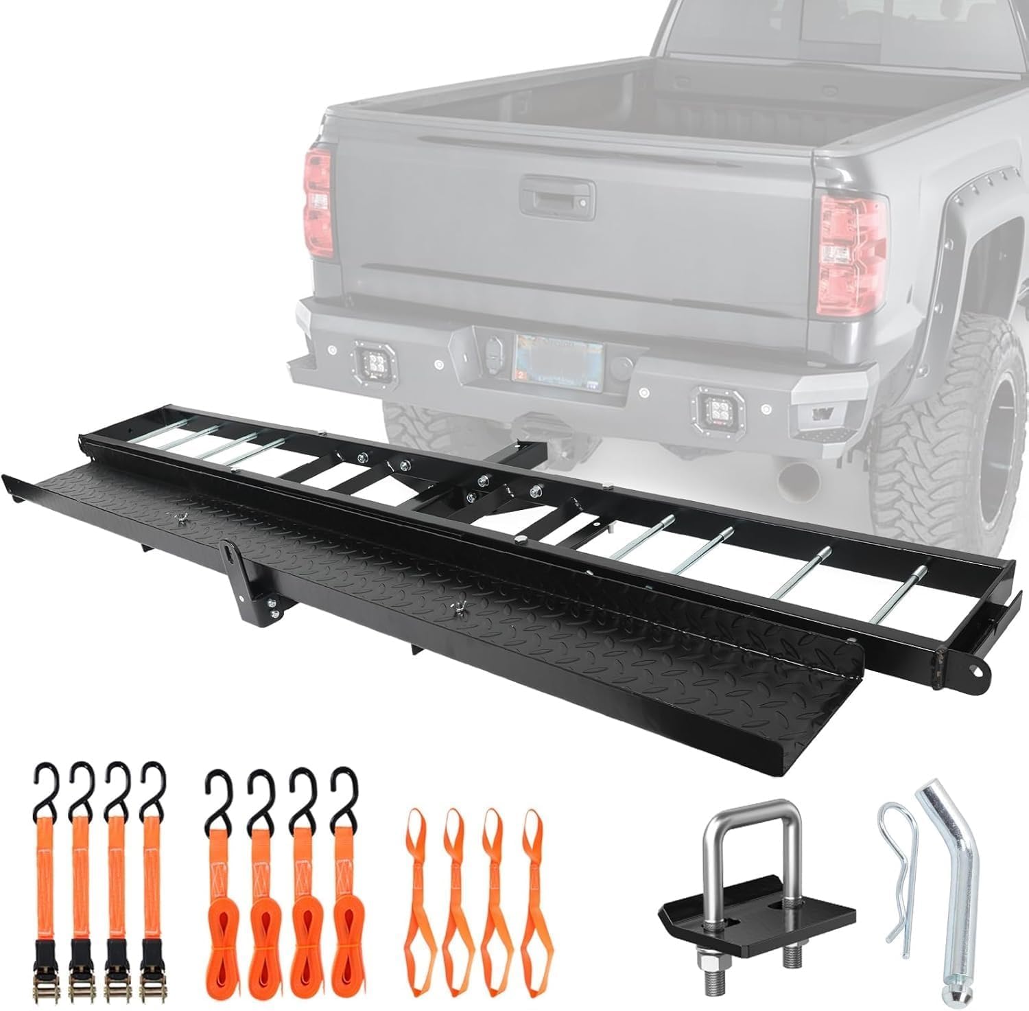 Motorcycle Hitch Carrier 500LBS, Heavy Duty Dirt Bike Hitch Hauler with 47" Longer Ramp, Ramp Lock, Tie-Down Strap and Hitch Tightener, 2" Receiver, 5" Wide Tire