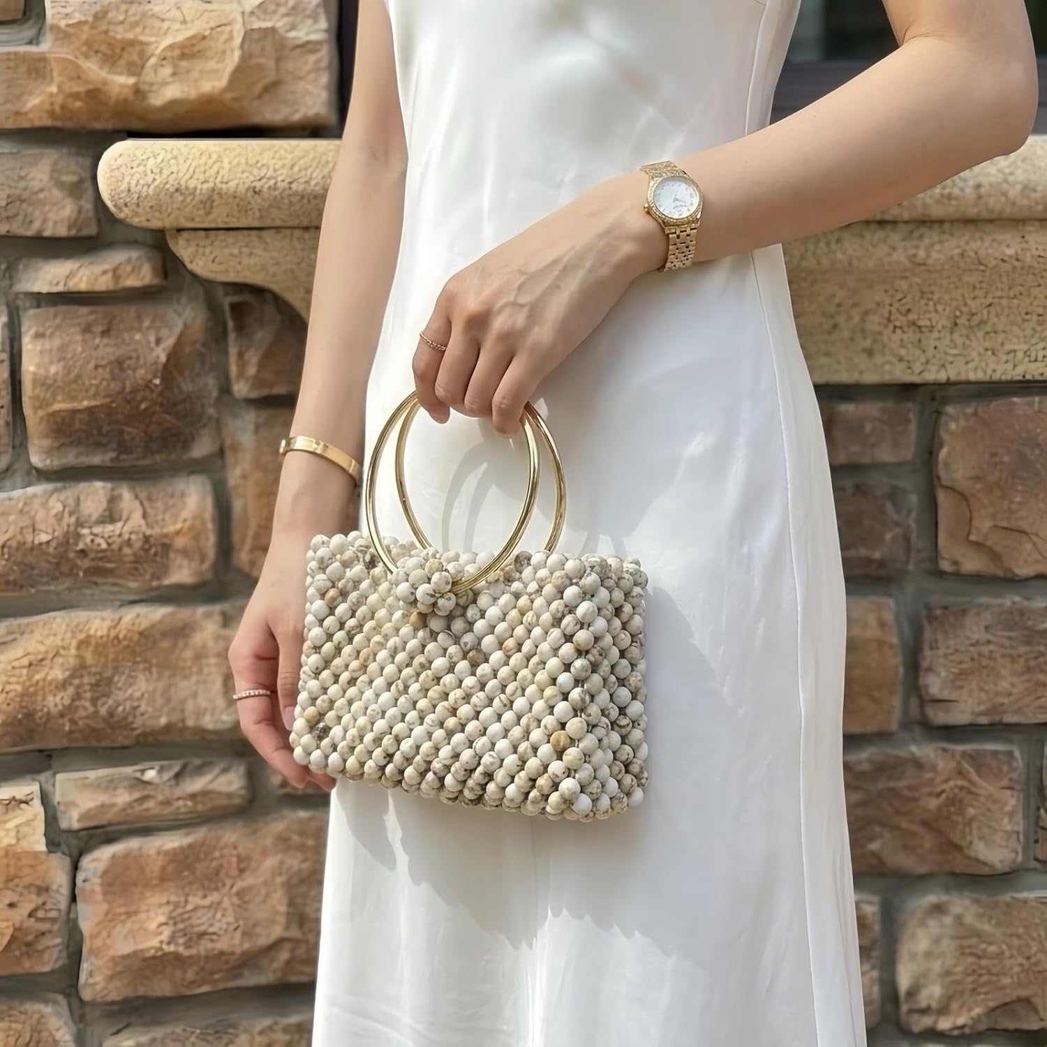Boho Stone Beaded Handbag Handmade Woven Clutch Purses for Women
