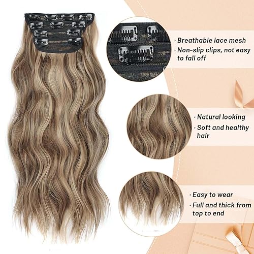 Miniatura 3 de Extensiones de cabello sintético ondulado y largo sin enredos de 20 pulgadas, color rubio miel mezclado con marrón claro, 4 piezas, extensiones de