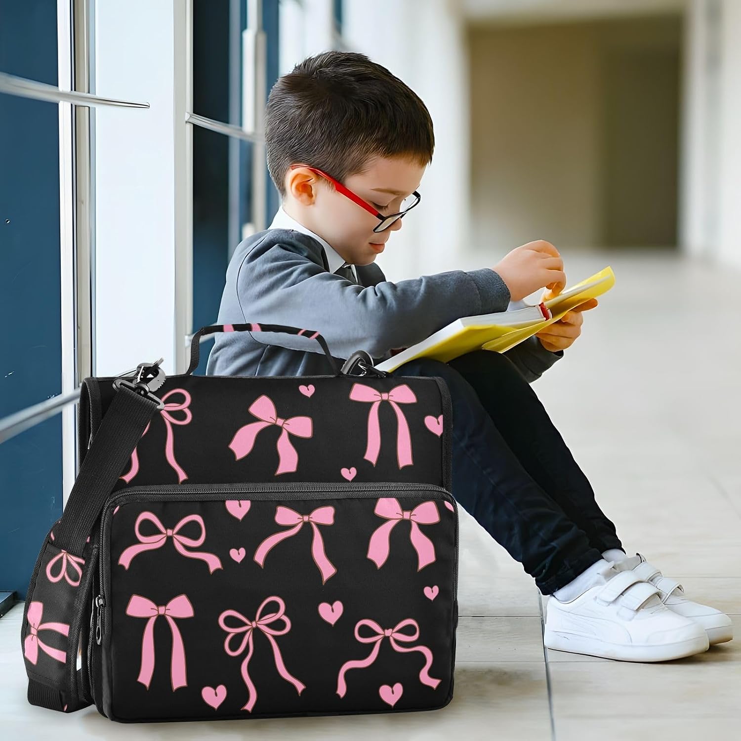Bows Hearts Pink Black Zipper Binder with Shoulder Strap Trapper Keeper 3 Ring Binder Organizer Large Capacity Multiple Compartments for School Office