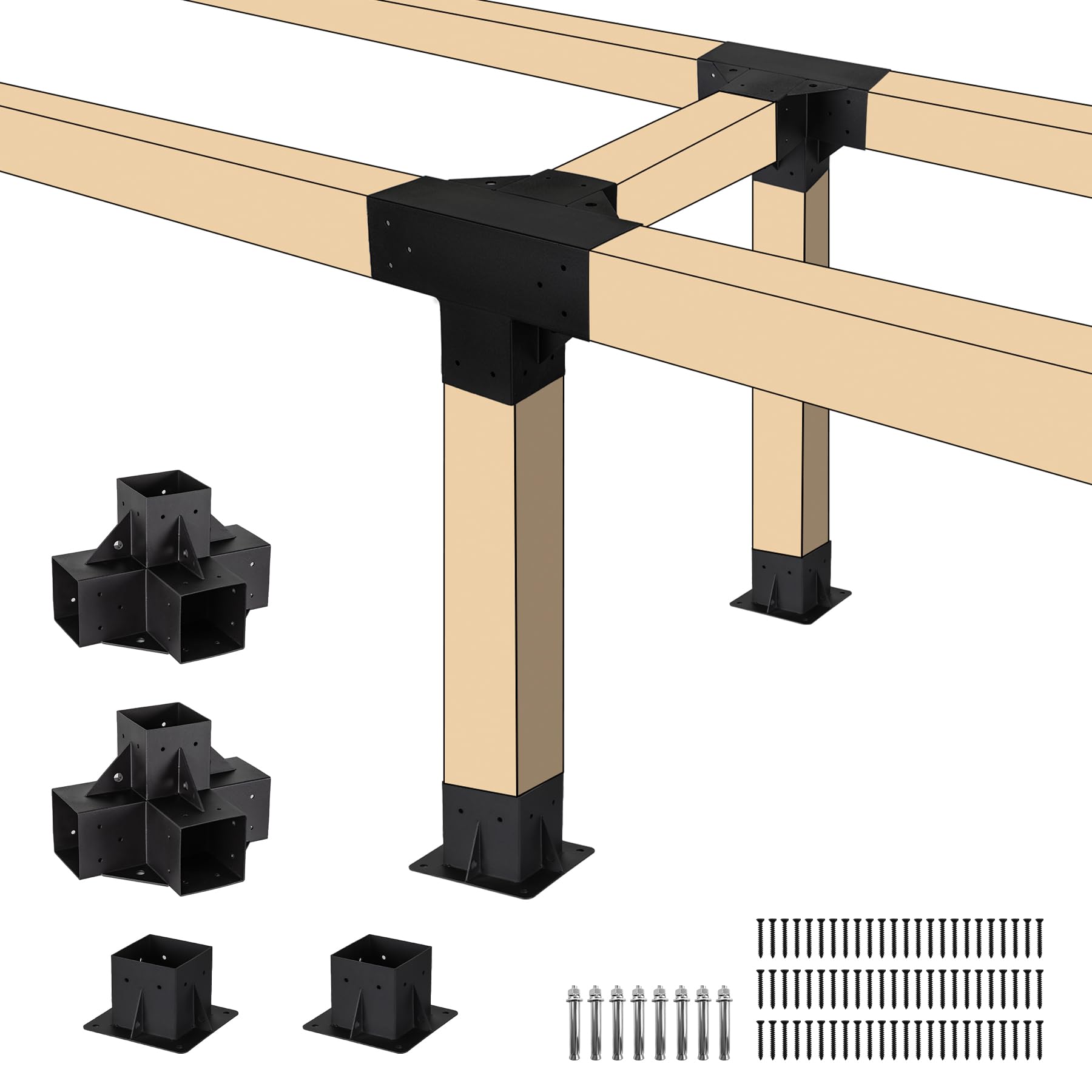 Pergola Bracket Kit Elevated Wood Stand Kit Woodwork for 4" x 4" (Actual 3.6 x 3.6 inch), Solid Steel Wooden Gazebo Kit for Outdoor 4 Way Right Angle Corner Bracket and Base Brackets