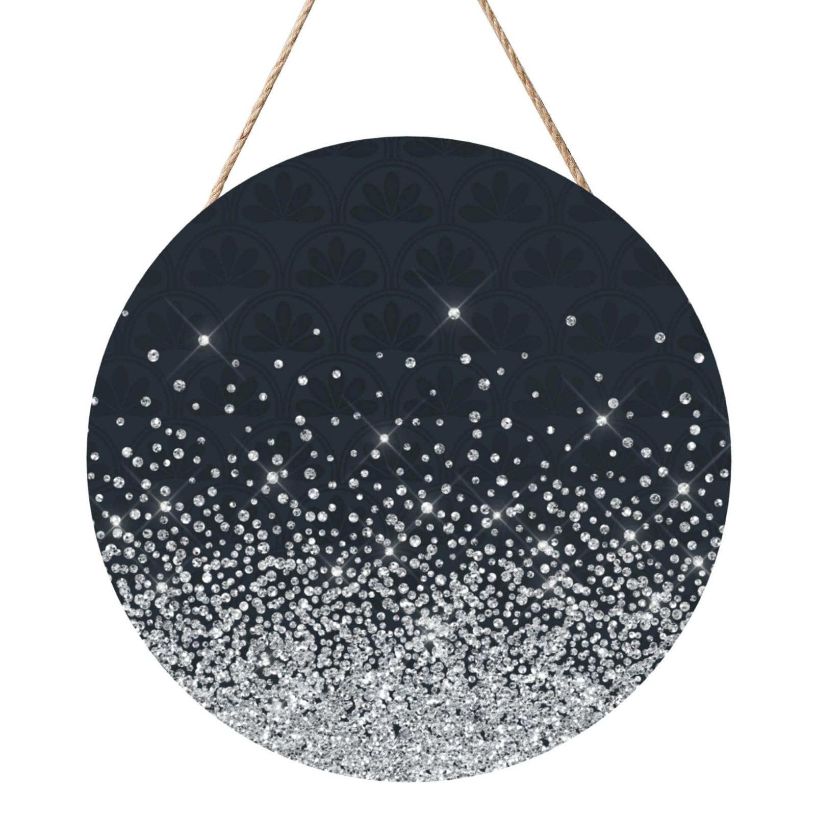 InOmak Black Silver Glitter Diamond Sparkly, Round Wood Panel Painting 12 in, Wall Hanging Painting For Home