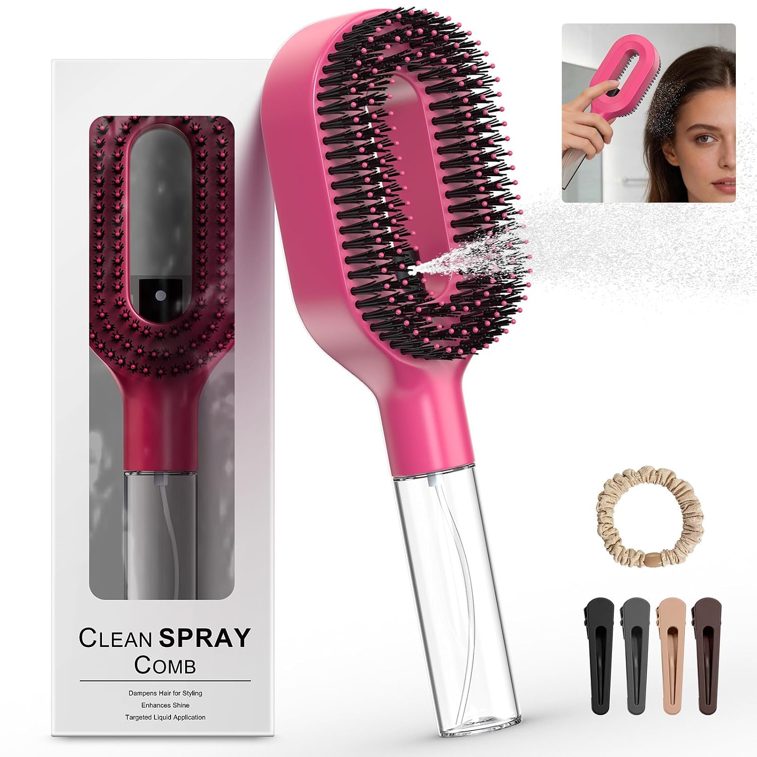 2-in-1 Portable Misting Hair Brush – Manual Press Water Spray, Hair Brush With Water Spray, Wet & Dry Detangling Spray Brush, Anti-Frizz, Suitable for All Hair Types and Textures (Pink)