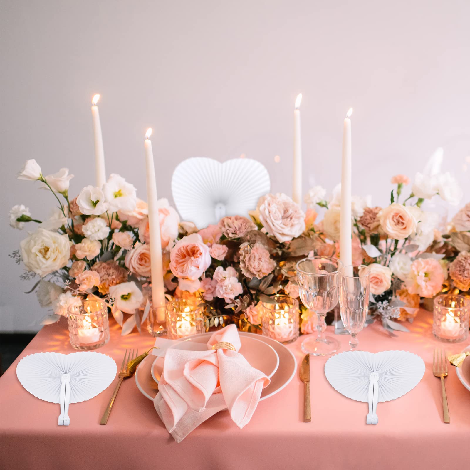 Aodaer 100 Stück herzförmige faltbare Fächer aus weißem Papier mit Kunststoffgriffen für Party, Hochzeit, Jubiläumsdekoration
