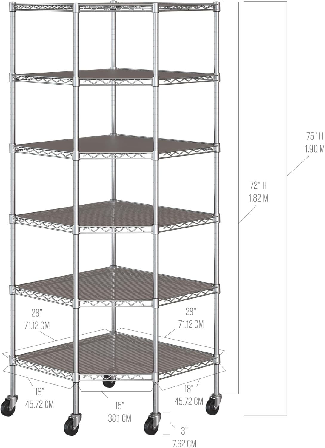 Seville Classics UltraDurable Commercial-Grade 6-Tier NSF-Certified Corner Steel Wire Shelving with Wheels, 28" W x 28" D x 72" H