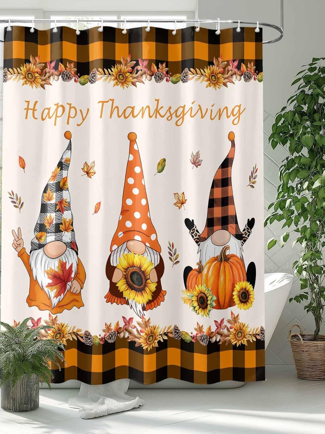 Shower Curtain Bathroom Curtain, Happy Thanksgiving Gnome Maple Leaves Sunflower Orange and Black Buffalo Check Water Repellent Fabric Curtain Set with 12 Hooks & Grommets for Bathtub, 72"x78"
