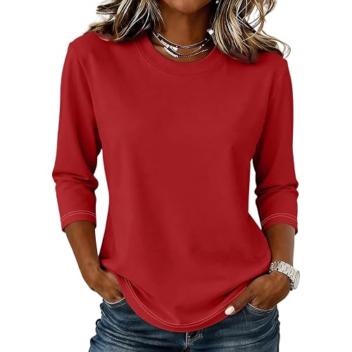 3/4 Sleeve Tops for Women Roend Neck Summer Trendy Outfits Vacation Blouses Casual Business Shirt Dressy Loose Fit Tees（Black,Medium）