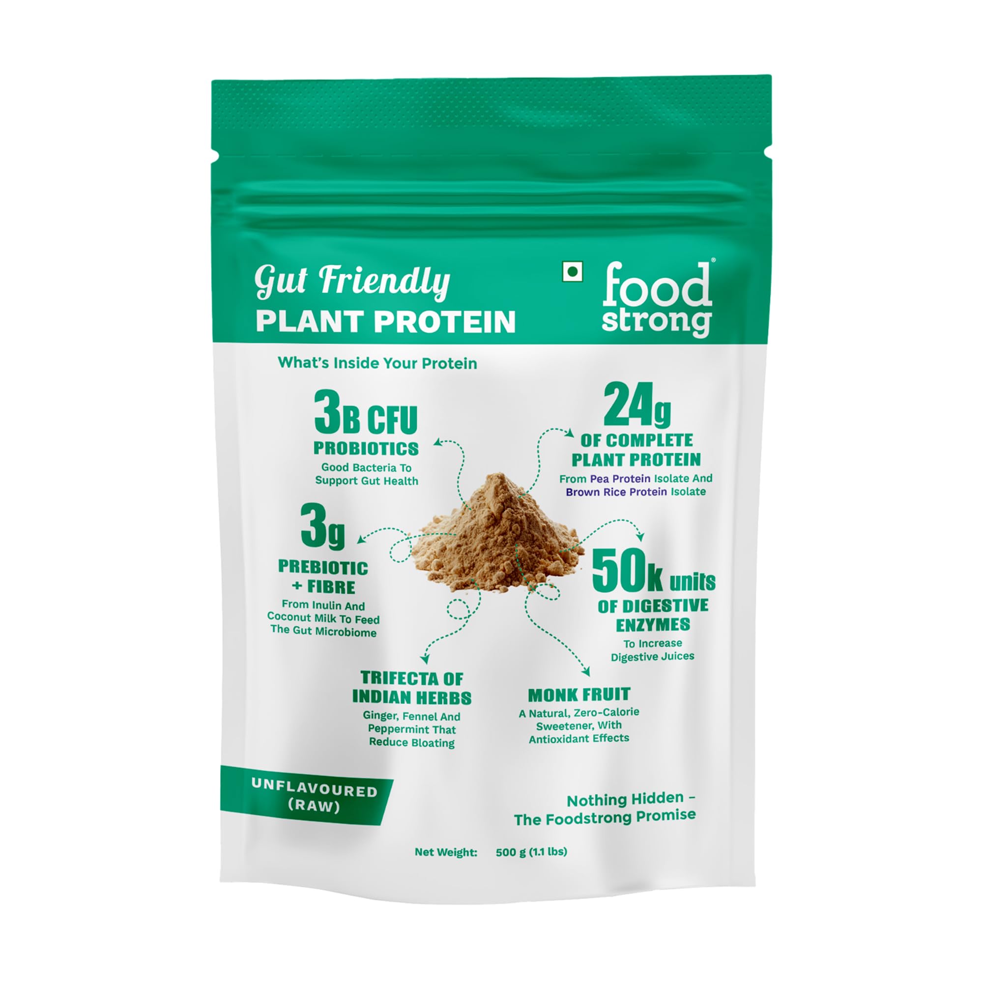 Foodstrong Gut Friendly Plant Protein - Chocolate (Cacao) | 24g Complete Plant Protein with Probiotics, Digestive Enzymes, Prebiotics & Indian Herbs | Vegan | No Sugar | 500g — Amazon image 16