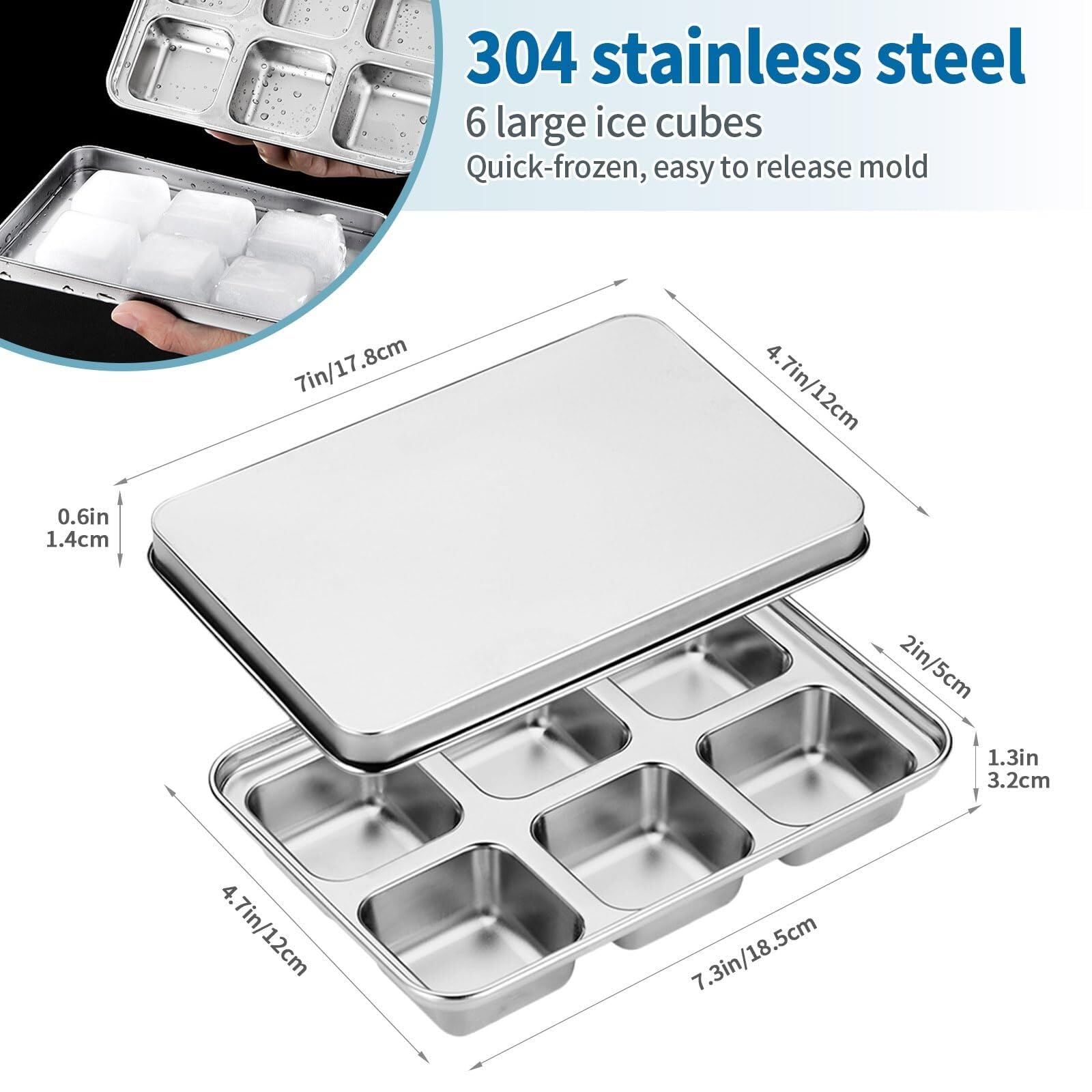 Bac à glaçons – en acier inoxydable, moule carré réutilisable de 6 cubes, idéal for réaliser des for cocktails ou whisky