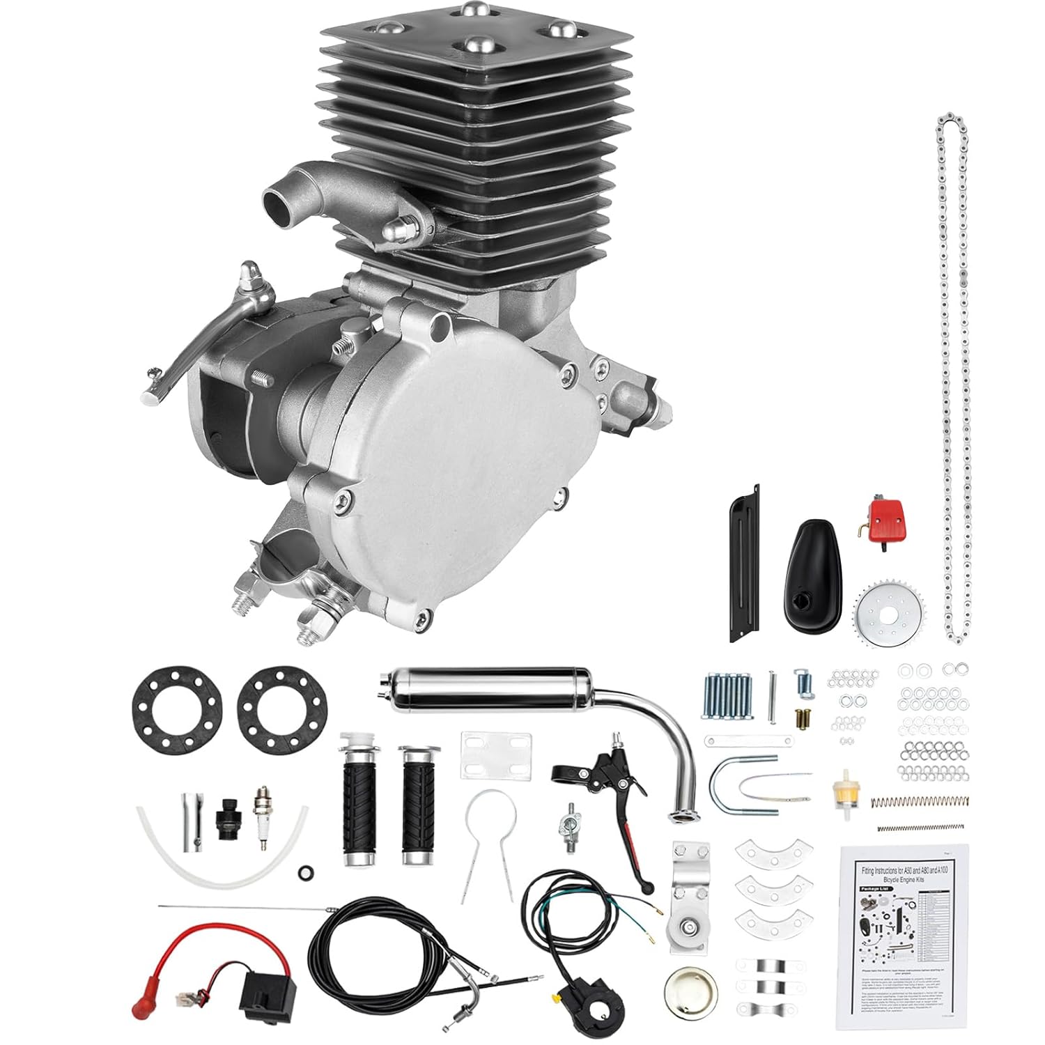 100cc Bicycle Engine Kit 2-Stroke Air-Cooled Single Cylinder Gasoline Motor CDI Bike Conversion Kit DIY Motorized Bicycle Bike Kit for 26-28" Bikes
