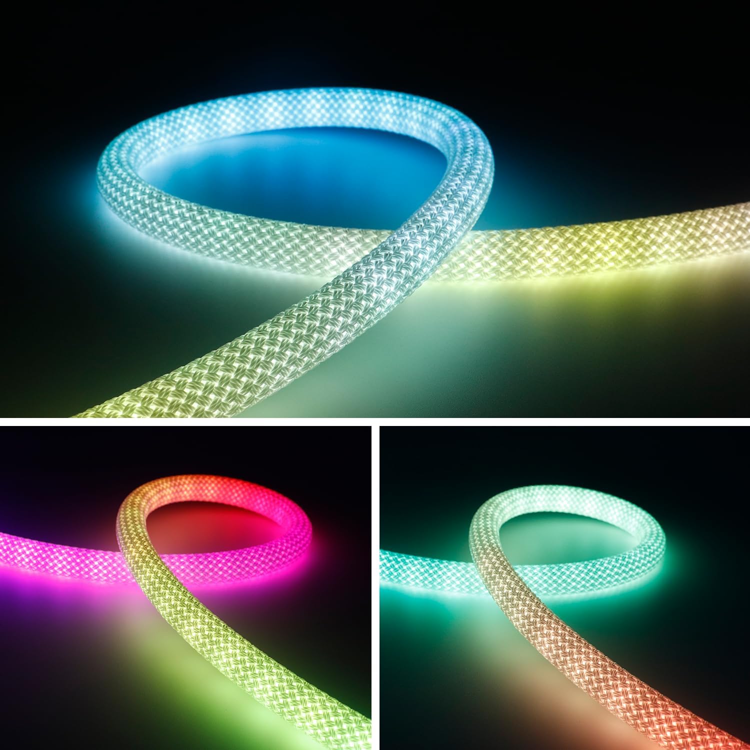9.8FT 360 Degree Neon RGB+IC Rope Lights WS2811 Round Nylon Reticulate Pattern LED Strip, Smart Flexible LED Rope Light for Bedroom Indoor Outdoor Decor, DC5V