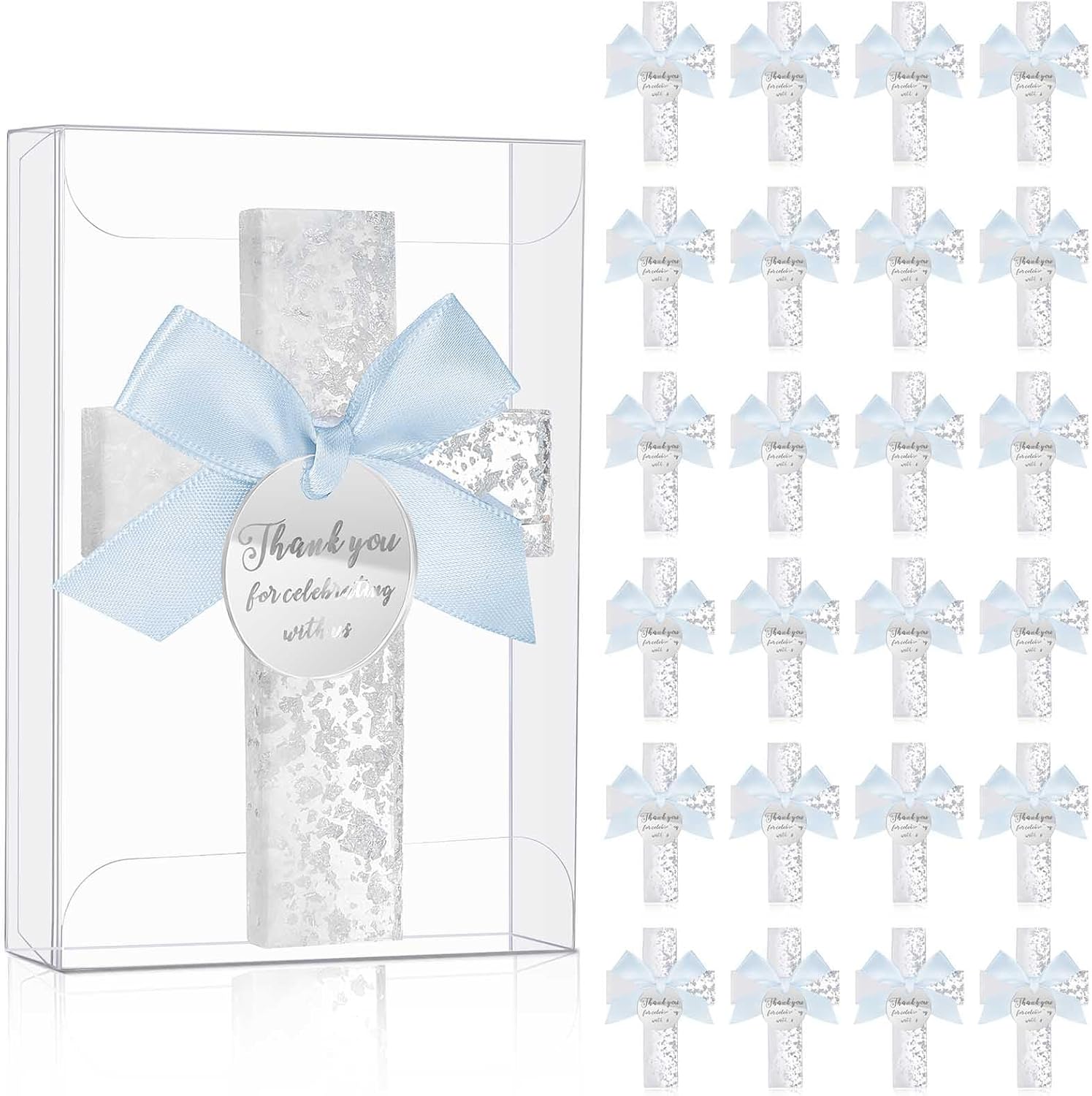 Chunful 24 Pcs Baptism Favors for Guests Epoxy Cross Magnet First Communion Magnet with Tag Acrylic Box Christian Souvenirs Gift for Christening Baby Shower Party Family Gathering(Blue Sliver)