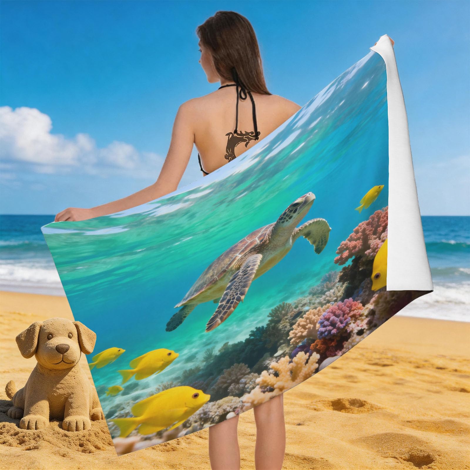 Leichong 3D Ocean Sea Turtle Beach Towel Microfiber Soft Quick Dry for Adults, Ocean Life Bath Towel Lightweight Soft Absorbent for Travel Swimming Pool Sports, 75 x 150 cm