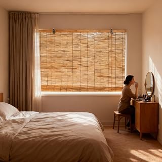 Cordless Blackout Bamboo Roman Shades – High-Density Light Block Window Blinds, Privacy-Optimized Natural Weave for Bedrooms & Media Rooms, Easy Install