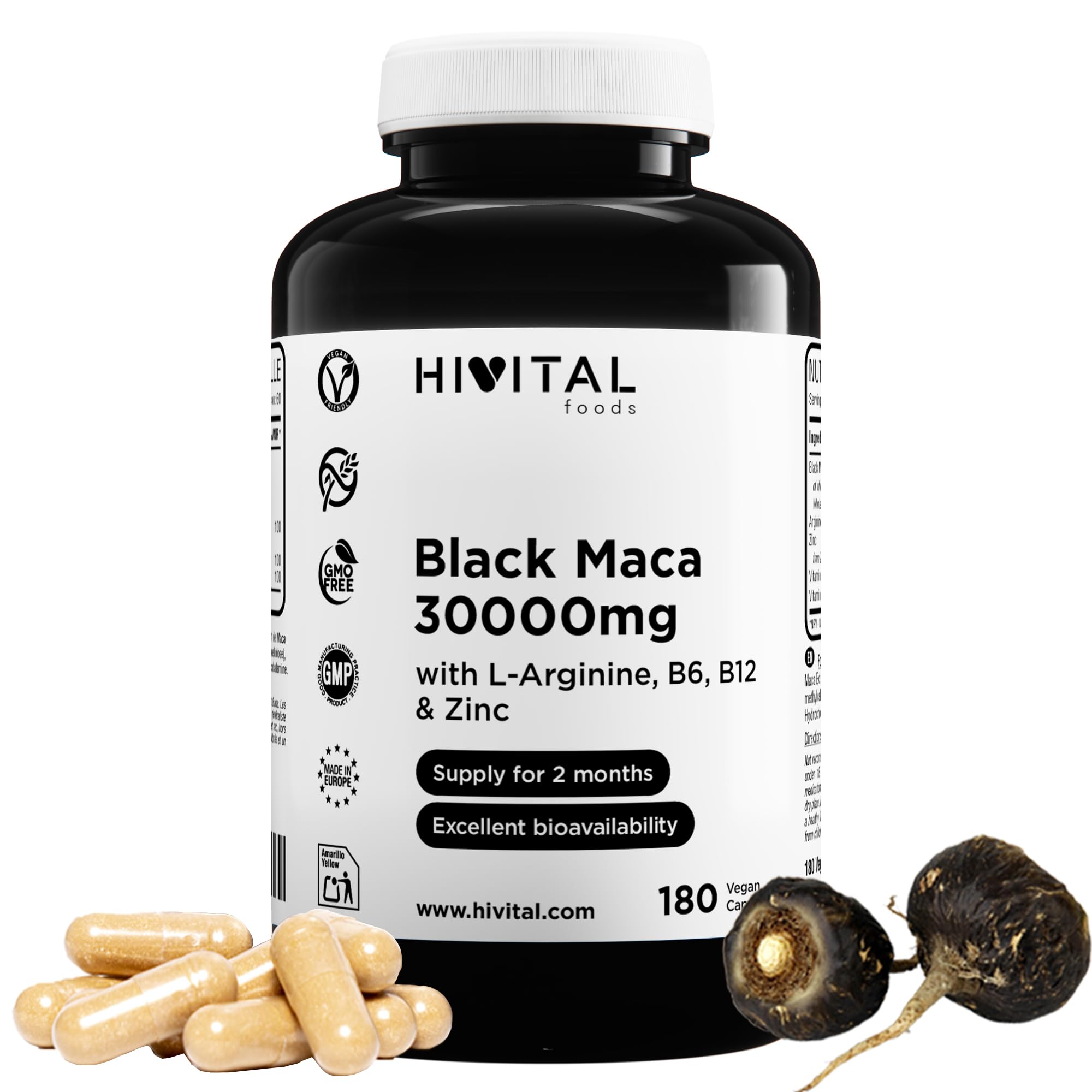 Maca Nera Peruviana 30000 mg. 180 capsule vegane per 2 mesi di trattamento. Estratto di Maca Andina con L-Arginina, Zinco e Vitamine B6 e B12. Prodotto in Europa da HIVITAL