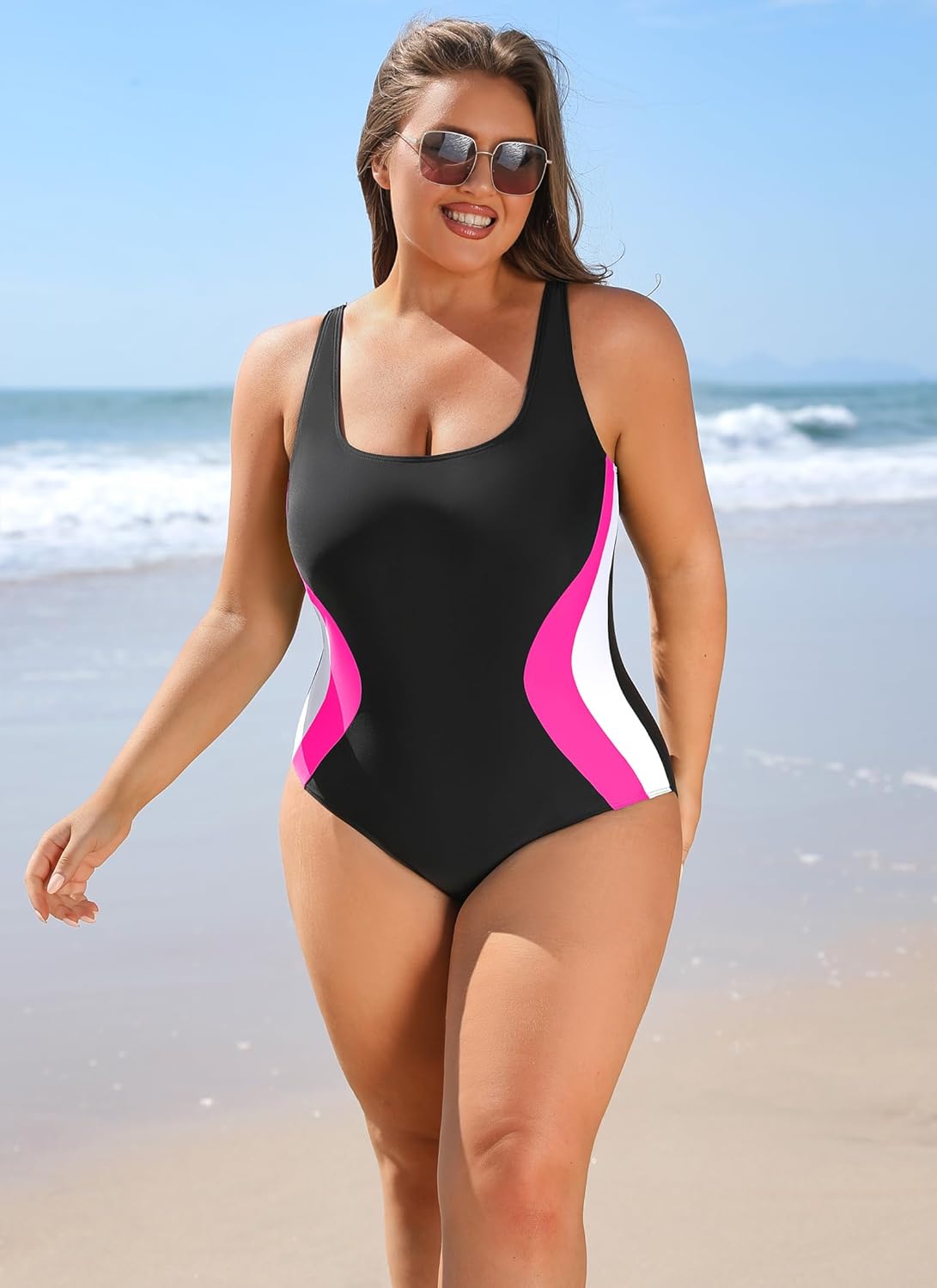 beautyin Plus Size Swimsuit for Women Adjustable Straps Tummy Control One Piece U-Back Bathing Suits - Image 3