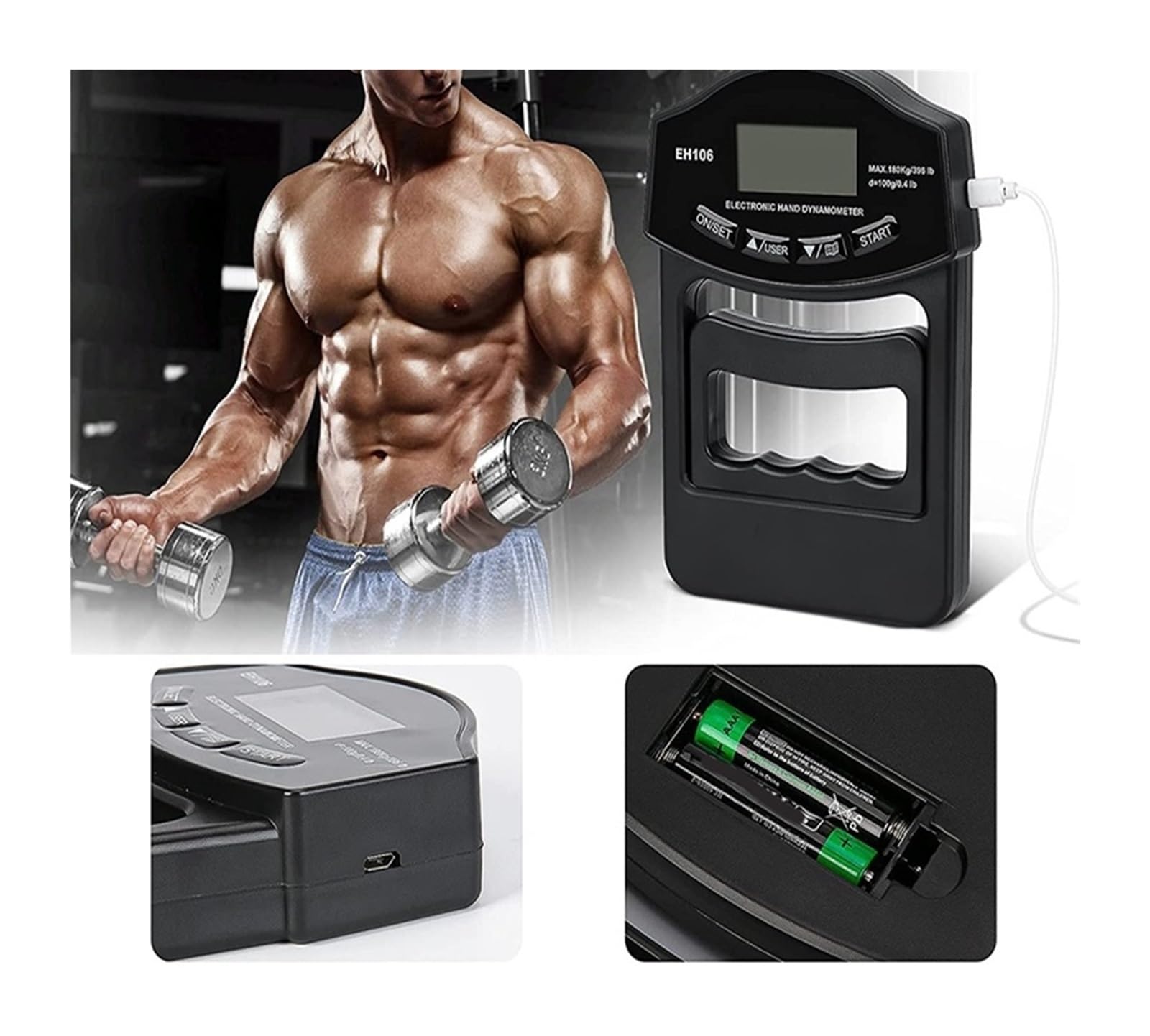 Dinamómetro, Dinamómetro digital de mano con pantalla LCD USB, medidor fuerza agarre 180 kg (396 lb)