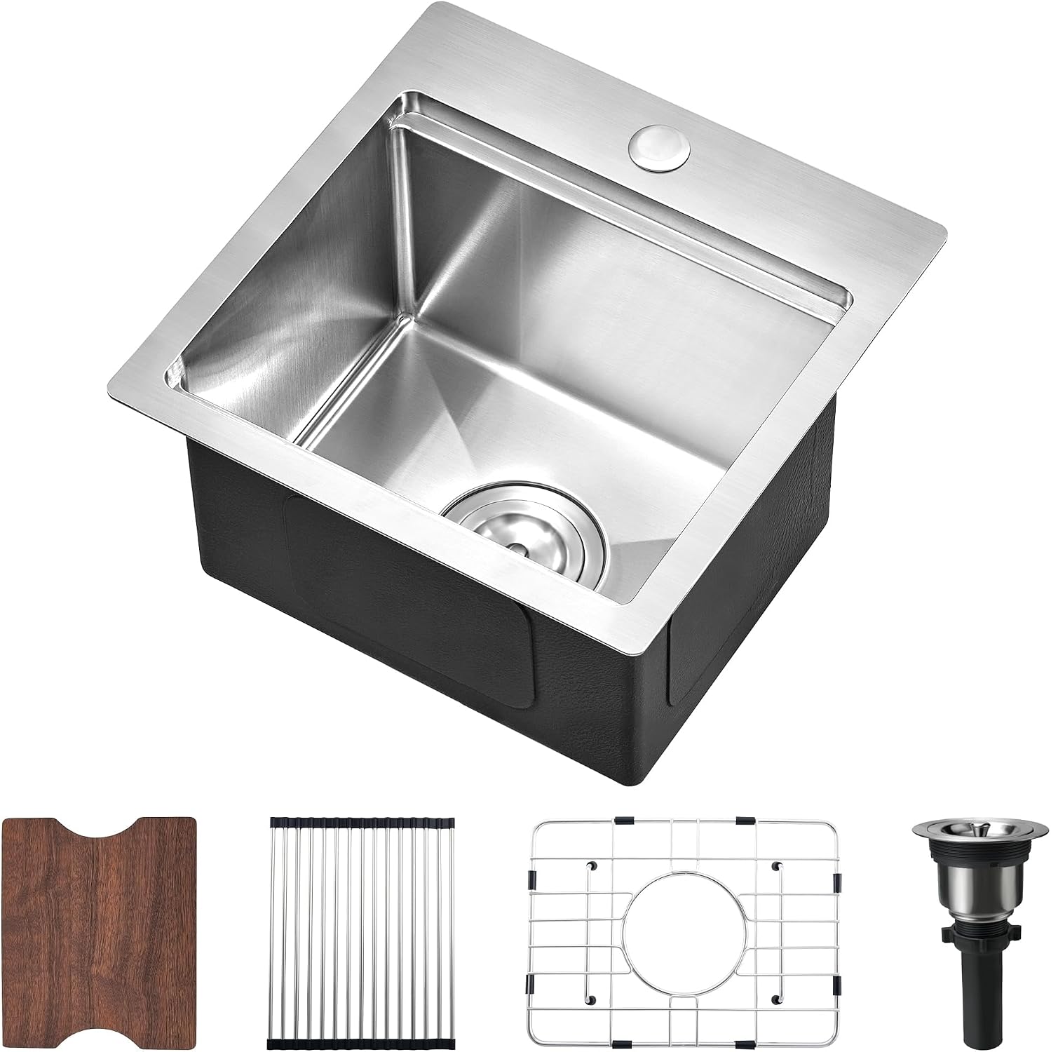 Bewitch 15x15 Inch Drop-in Workstation Bar Sink | 16 Gauge T304 Stainless Steel Topmount Sink | 9" Deep Single Bowl for RV & Laundry with Solid Wood Cutting Board