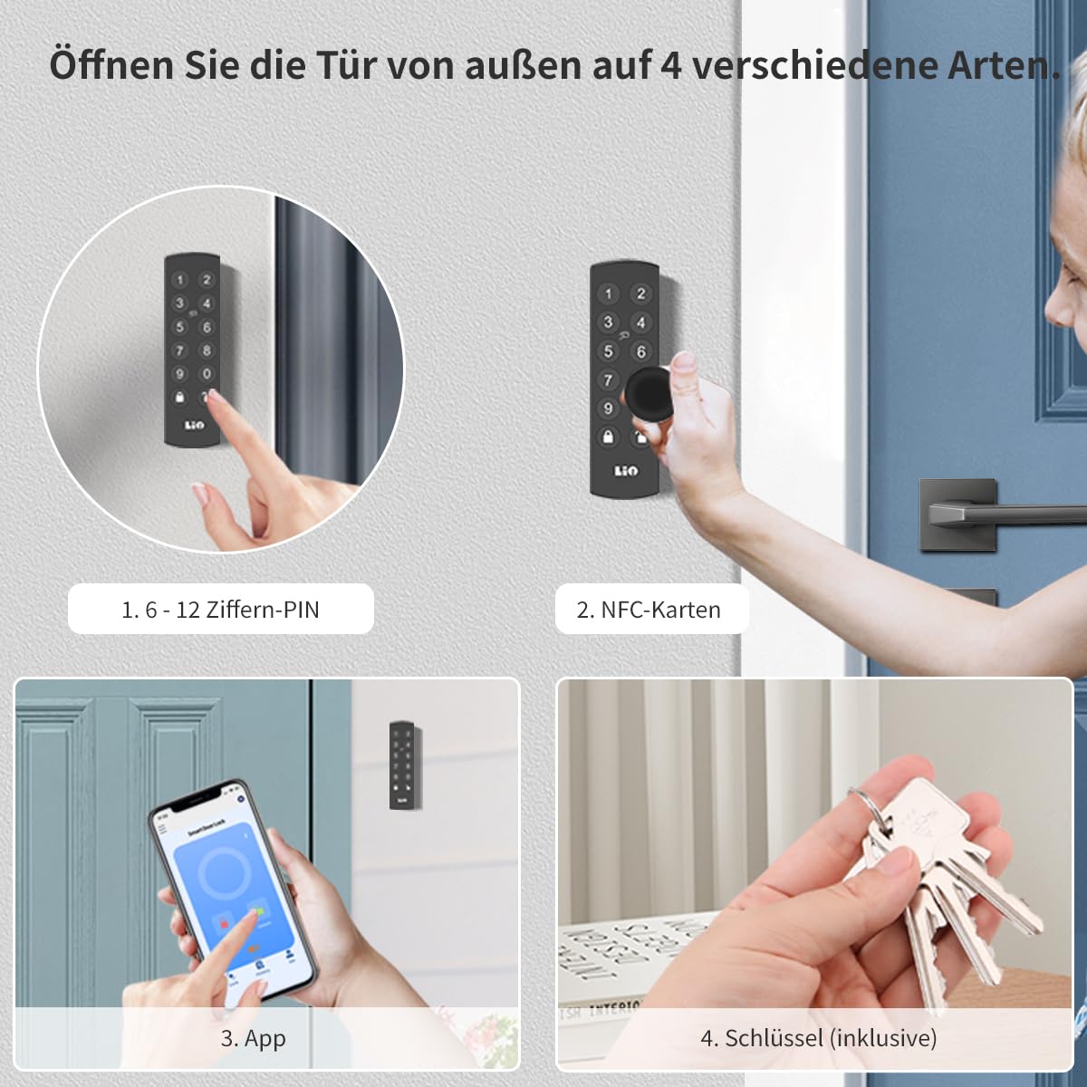 Smart Lock, cerradura electrónica para puerta con teclado, cilindro de cierre 35/35, desbloqueo de puerta mediante tarjetas NFC, código numérico, aplicación, llave, cerradura inteligente con
