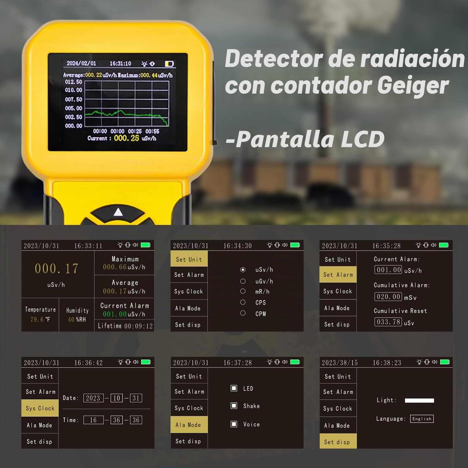 Contador Geiger Nuclear Detector de radiaciones Contador Geiger-Müller para medir la Intensidad de Las radiaciones ionizantes partículas Beta, Rayos Gamma y Rayos X, Pantalla LCD ajustes de Alarma