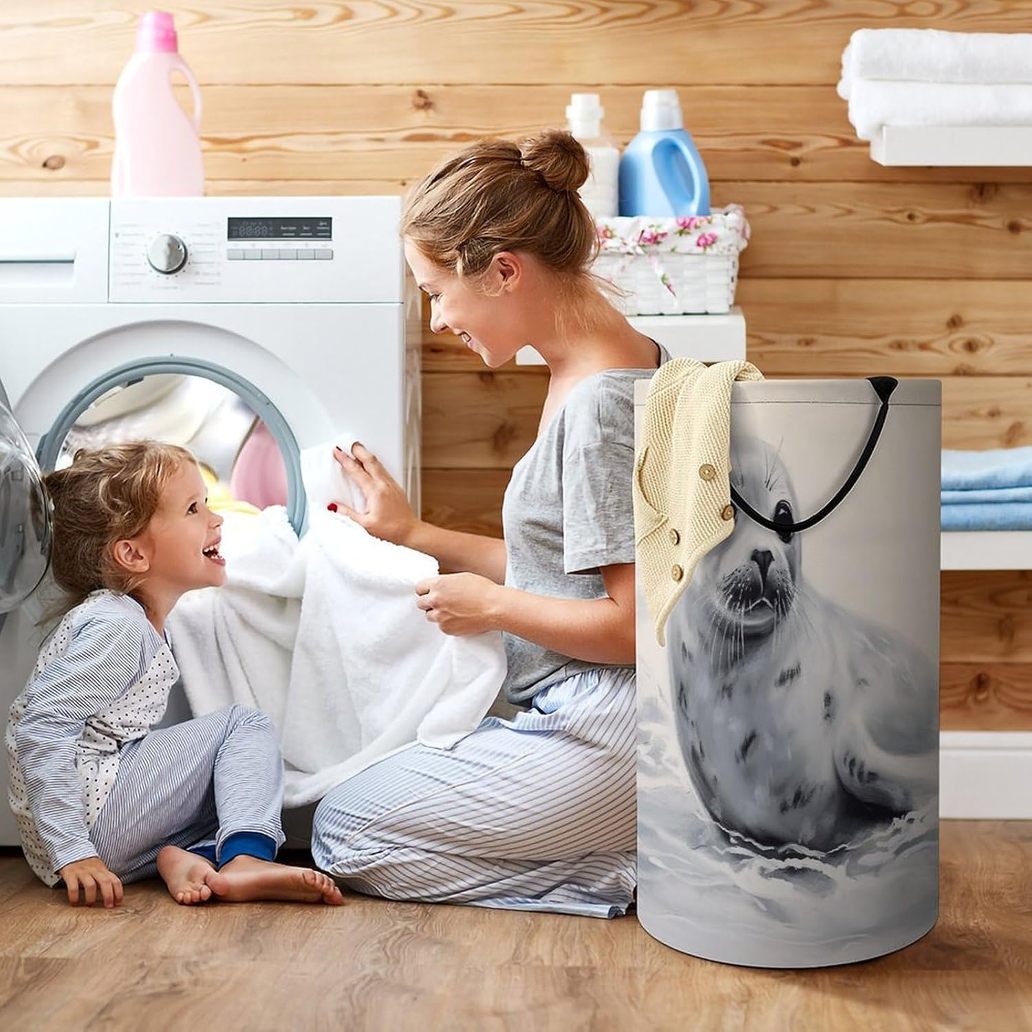 Harp Seal Painting Laundry Hamper with Handles Waterproof Collapsible Laundry Basket Large Lightweight Round Dirty Clothes Hamper for Home Dorm Bathroom Decor