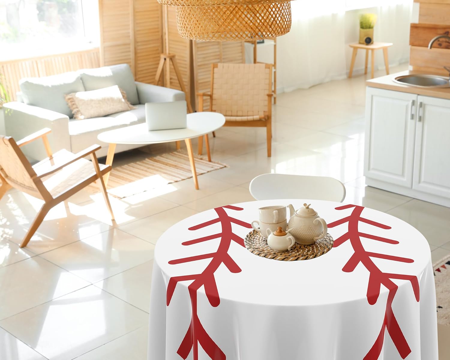 Oudain 12 Pcs Round Baseball Tablecloth 84" Plastic Red White Baseball Tablecloth Disposable Circle Softball Sports Table Cloth Art Design Thread Decoration for Dining Wedding Birthday Party