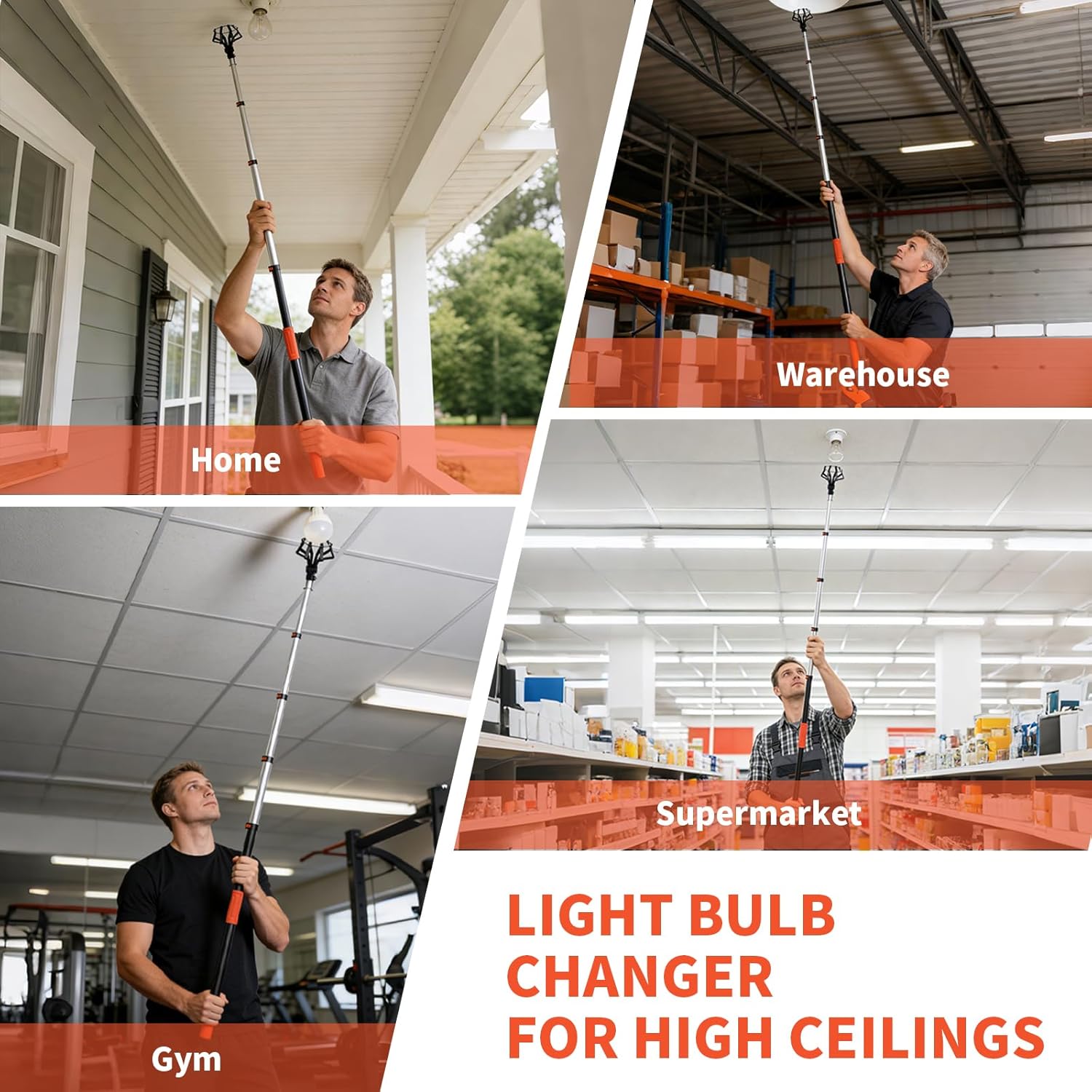 Light Bulb Changer for High Ceilings, 5-20FT Telescopic Pole 26FT Max Reach, Segment Lock & Non-Slip Grip, Suction Cup & Basket for Multi-Type Bulbs, 3/4" Acme Thread for Home/Commercial Use