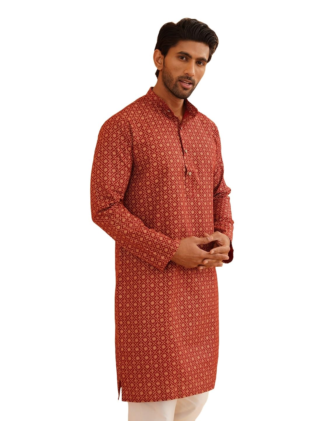 Sojanya (Since 1958 Men's Cotton Linen Maroon Foil Printed Only Long Kurta