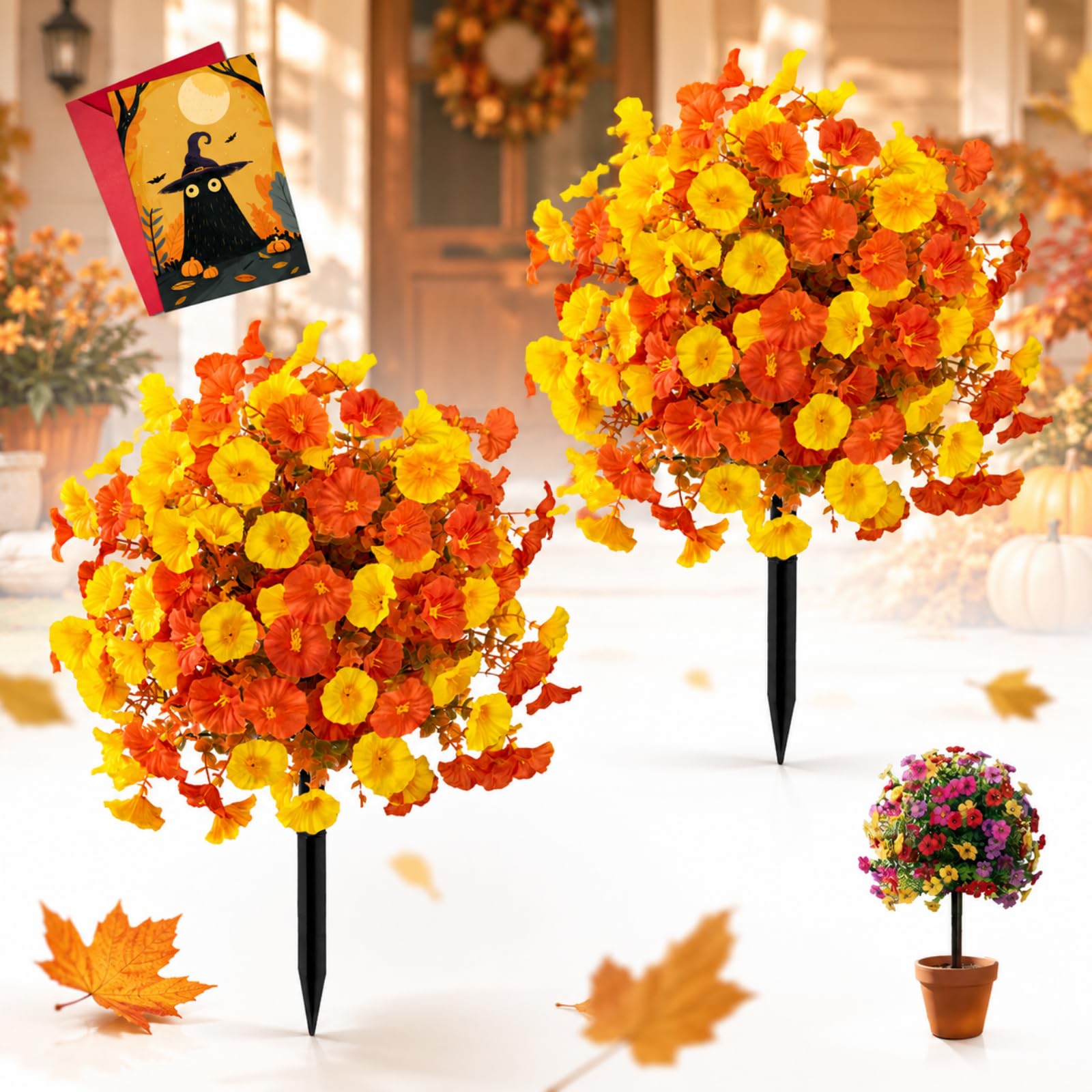 2 Pack Fall Pumpkin Topiary Trees with Stakes, 22" Outdoor Garden Stakes Decor with Orange Eucalyptus Leaves & Gourds, Fake Autumn Plant for Front Porch Pathway, Halloween & Thanksgiving Harvest (F)